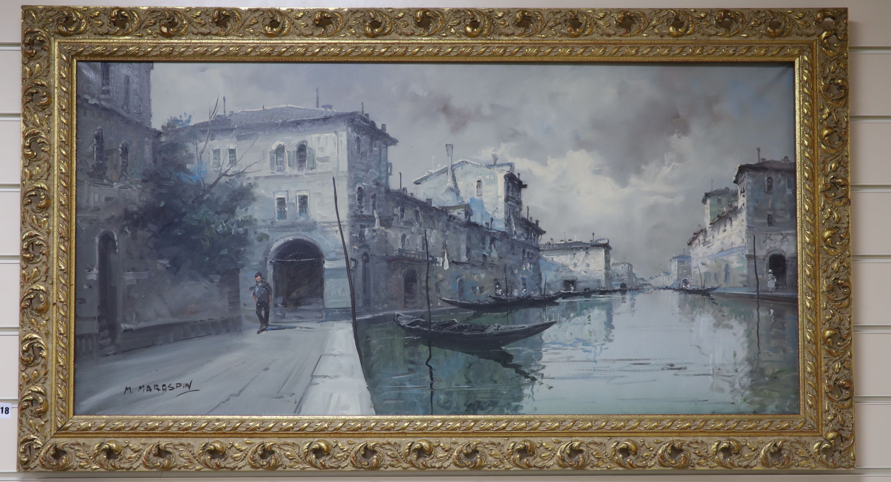 Maud Isabel Maraspin (American, 1867-1939), oil on canvas, Venetian canal scene, signed, 50 x 100cm